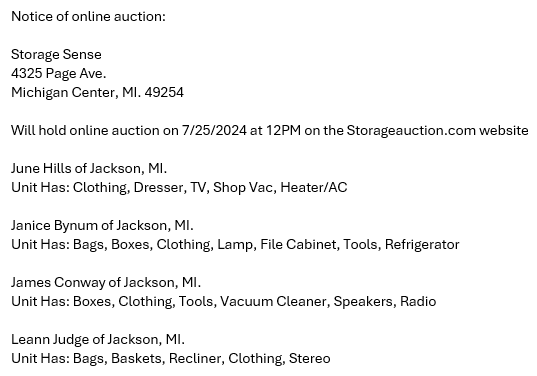 Storage auction in Michigan Center, MI