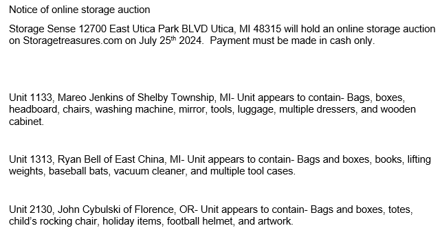 Storage auction in Utica, MI