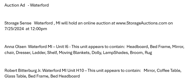 Storage auction in Waterford, MI